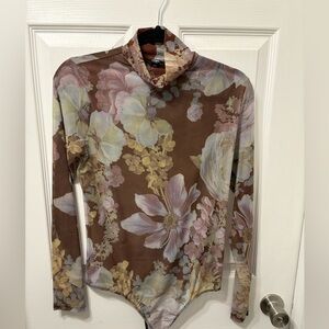 Express Sheer Floral Brown Long Sleeve Bodysuit